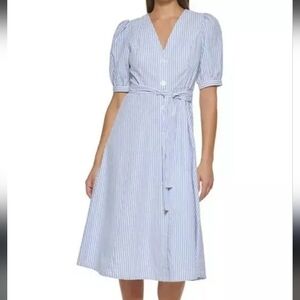Tommy Hilfiger puff sleeve eden stripe button shirt dress 100% cotton blue white